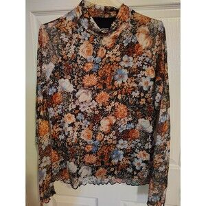 Dealmore Women’s Black Floral Mesh Mock Neck Long Sleeve Sheer Top Size L